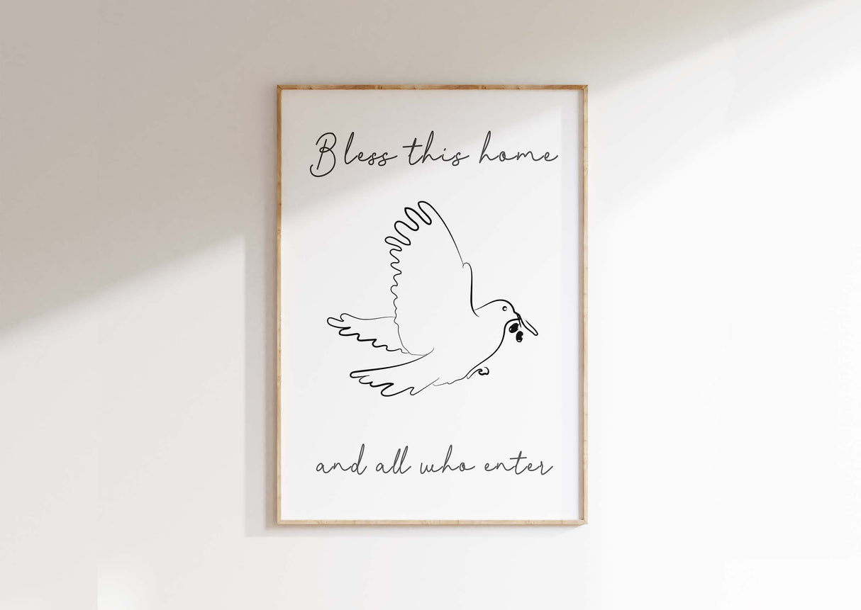 Bless This Home Wall Art Print, Modern Christian Line Art Home Decor, Christian home decor with dove print, dove line art