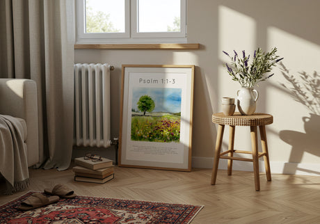 Psalm 1:1-3 – Watercolour painting of tree in meadow, Christian home decor with scripture.