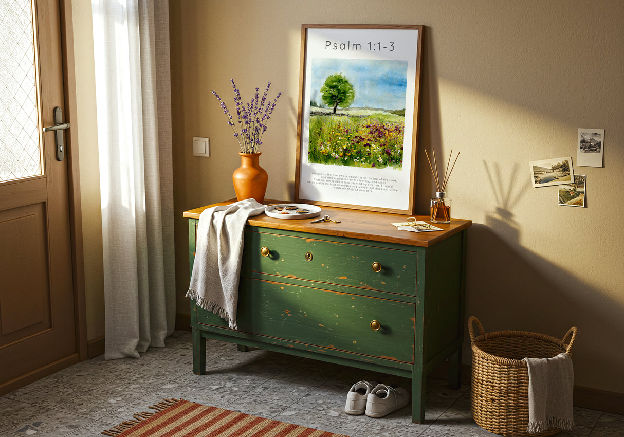 Psalm 1:1-3 – Faith-inspired art print showing tree symbolising strength in God’s Word.