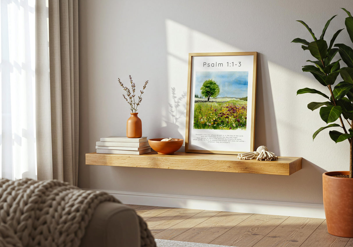 Psalm 1:1-3 – Encouraging Bible verse print featuring flower meadow and tranquil tree.