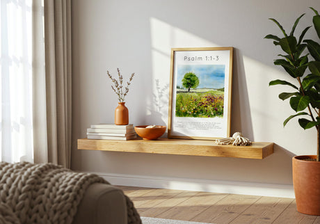 Psalm 1:1-3 – Encouraging Bible verse print featuring flower meadow and tranquil tree.
