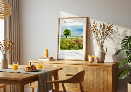 Psalm 1:1-3 – Christian wall art with scripture and gentle countryside painting.