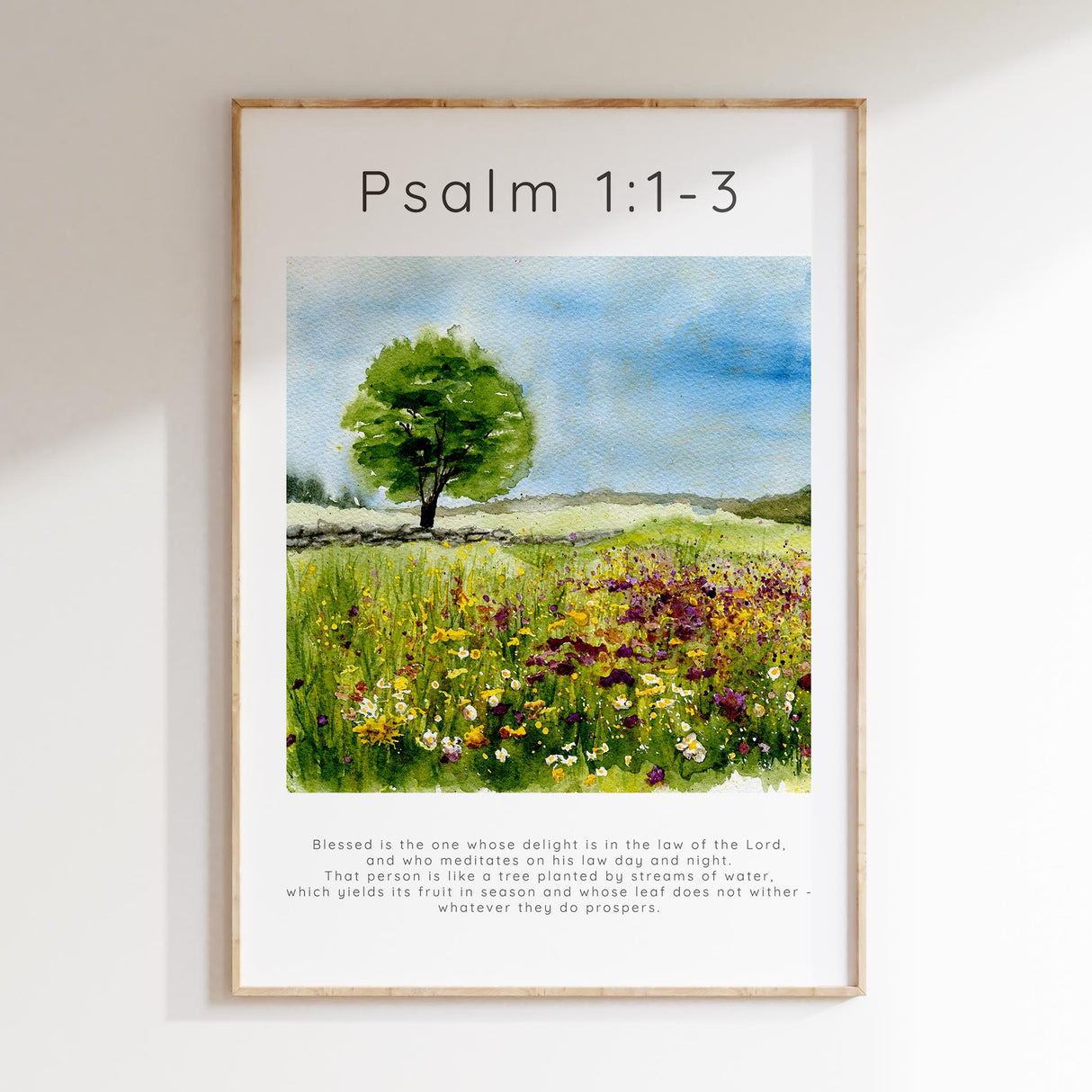 Psalm 1:1-3 – Watercolour meadow with distant tree and Bible verse about delighting in God’s law.