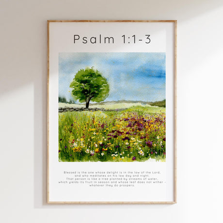 Psalm 1:1-3 – Watercolour meadow with distant tree and Bible verse about delighting in God’s law.