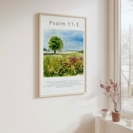 Psalm 1:1-3 – Christian art print with tree and wildflower field, scripture on flourishing in faith.