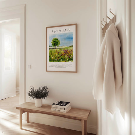 Psalm 1:1-3 – Peaceful landscape with Bible verse about being planted by streams of water.