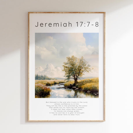 Jeremiah 17:7-8 – Peaceful countryside print with tree by water.