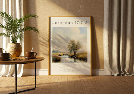 Jeremiah 17:7-8 – Tree planted by river in warm green and yellow tones.