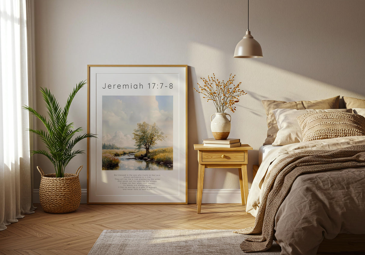 Jeremiah 17:7-8 – Bible verse print showing tree and flowing water.