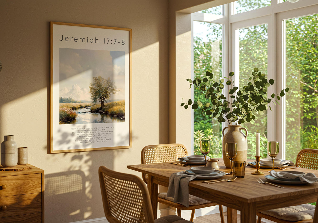 Jeremiah 17:7-8 – Faith-based artwork with natural countryside scene.