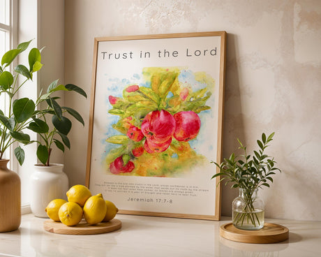 kitchen Scripture print with red apples on leafy branches and a message of trust in the Lord.