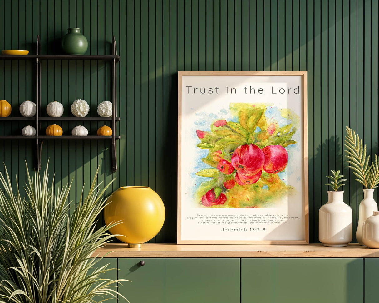 Hand-painted tree with apples and Bible quote about being rooted in faith from Jeremiah.