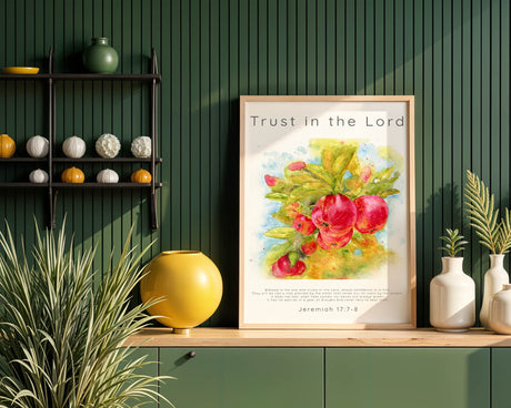 Hand-painted tree with apples and Bible quote about being rooted in faith from Jeremiah.