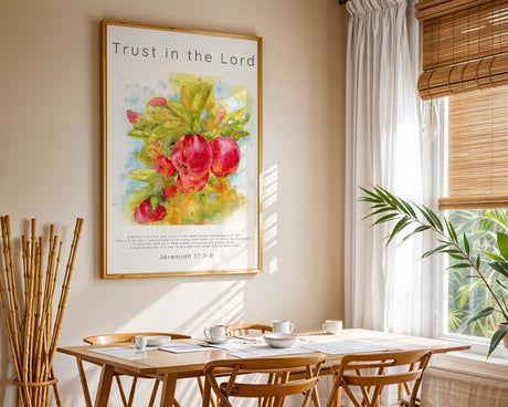 Vibrant apple tree artwork paired with verses about confidence and blessing from God.