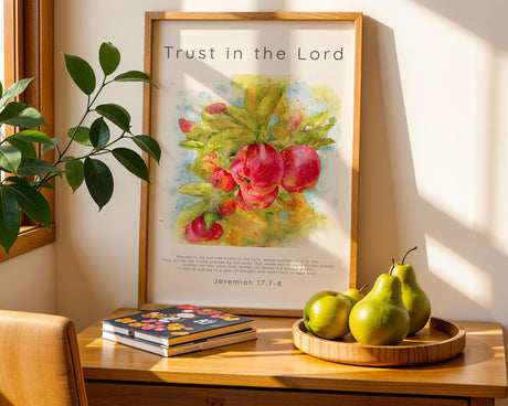 Christian kitchen wall art depicting a fruitful tree beside a stream, inspired by Jeremiah 17:7-8.
