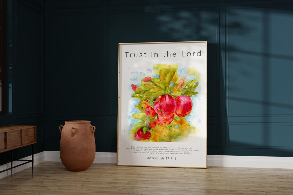 Jeremiah 17:7-8 scripture art, Trust in the Lord watercolour print, Apple tree painting with Bible verse, kitchen decor