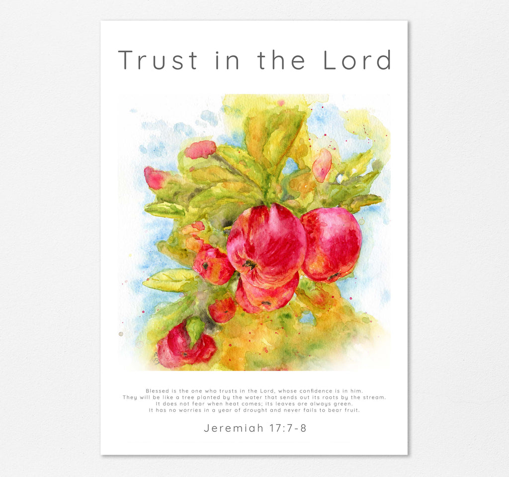 Trust in the Lord Scripture Wall Art, Jeremiah 17 7 8 Bible Verse, Vibrant apple tree watercolour print, apple orchard art