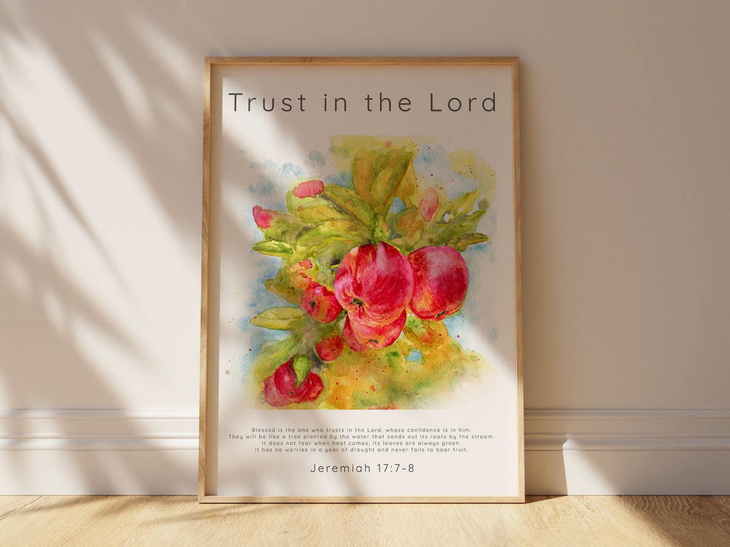 Jeremiah 17:7-8 scripture art, Trust in the Lord watercolour print, Apple tree painting with Bible verse, kitchen decor