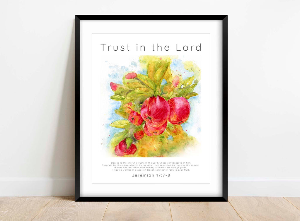 Christian faith decor with Bible verse, Meaningful scripture print for study room. Vibrant apple tree scripture artwork