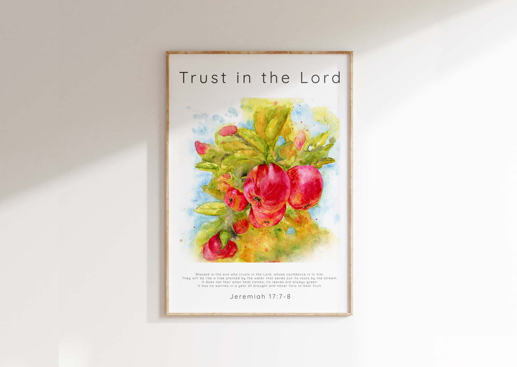 Trust in the Lord Scripture Wall Art, Jeremiah 17 7 8 Bible Verse, Vibrant apple tree watercolour print, apple orchard art