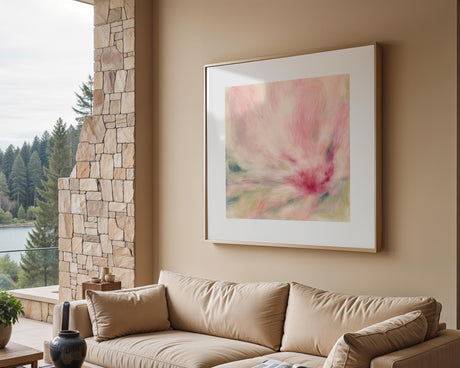 Colourful square artwork with peach and green tones, evoking nature's serenity.