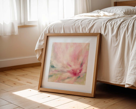 Modern abstract painting with soft pink and cream hues in a square format.