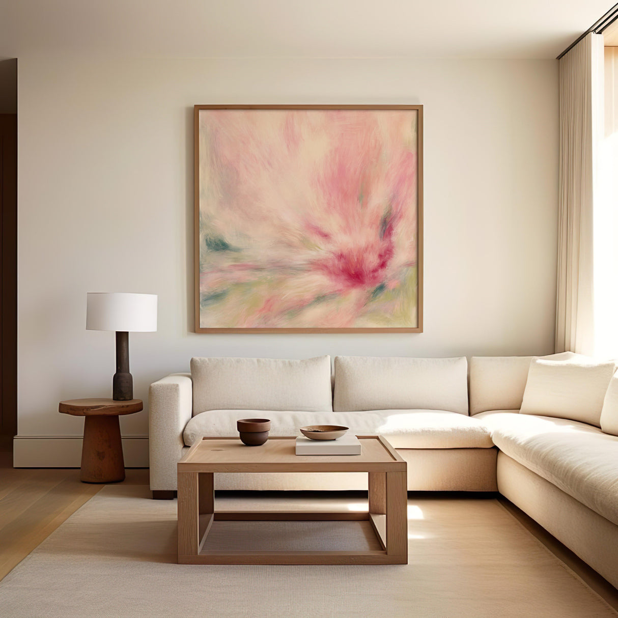 Floral-inspired abstract art print with vibrant peach and green brushwork.