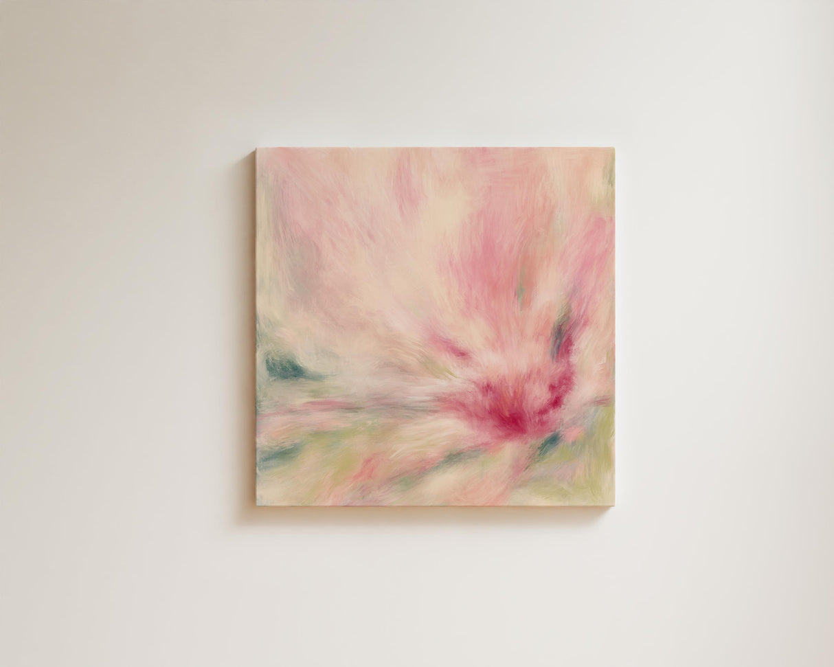 Contemporary artwork with abstract floral elements in peach and pink tones.