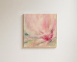 Contemporary artwork with abstract floral elements in peach and pink tones.