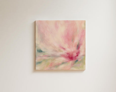 Contemporary artwork with abstract floral elements in peach and pink tones.