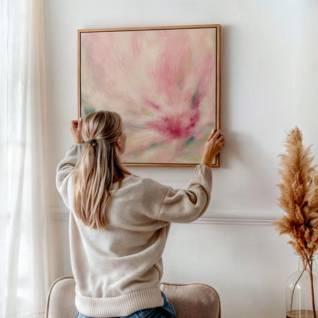 Modern floral-inspired artwork in soft pastel tones on a square canvas.