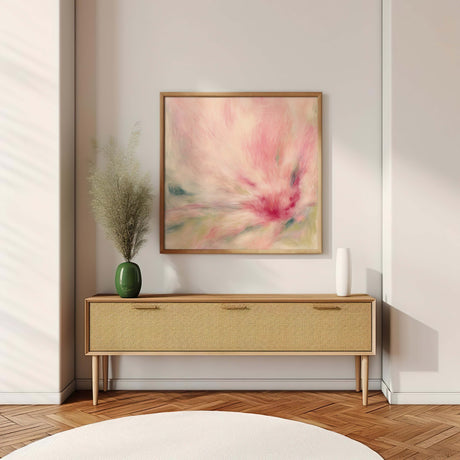 Contemporary abstract art print with vibrant peach and pink brushstrokes.
