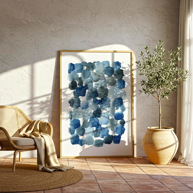 Indigo blue abstract wall art print — Twilight Drift watercolour art print for bedroom, office, or living room wall decor