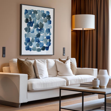 Minimalist art print with fluid indigo watercolor forms on a light background.