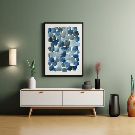 Artistic watercolor design with flowing indigo shapes, perfect for a tranquil space.