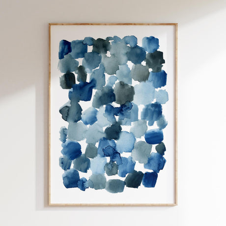 Contemporary abstract print with layered indigo hues and gentle brushstrokes.