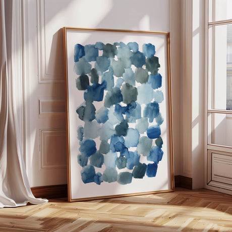 Abstract watercolor print featuring soft indigo blue shapes blending seamlessly.
