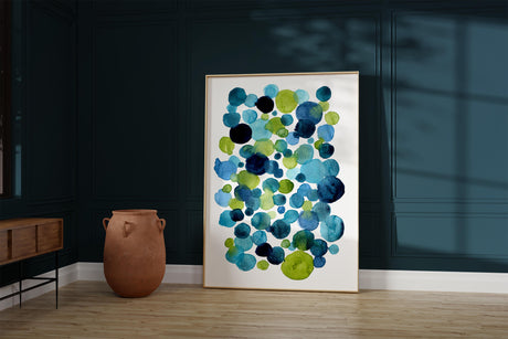 A fresh and whimsical abstract watercolor painting in blue and green.