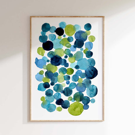 Abstract watercolor art print featuring blue and green circular shapes.