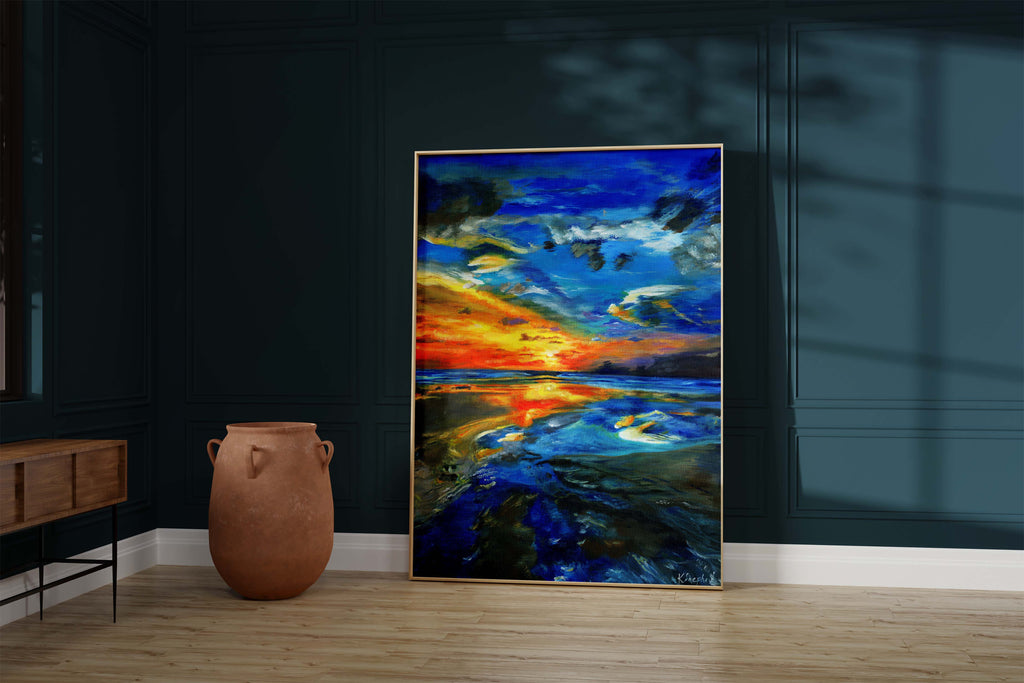 Vibrant sunset artwork in shades of blue and orange, Twilight-inspired wall decor for modern interiors, Coastal sunset print