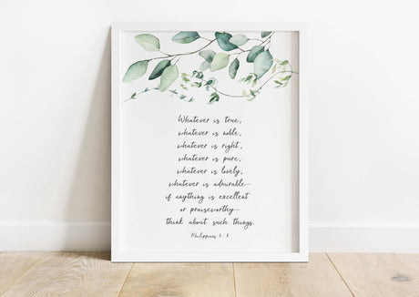 Philippians 4 8 Wall Art, Christian Bedroom Print, Whatever is true, Christian home decor with Philippians 4:8 verse