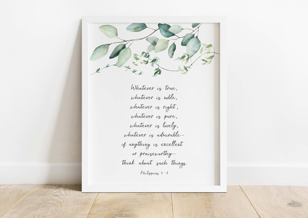 Philippians 4 8 Wall Art, Christian Bedroom Print, Whatever is true, Christian home decor with Philippians 4:8 verse