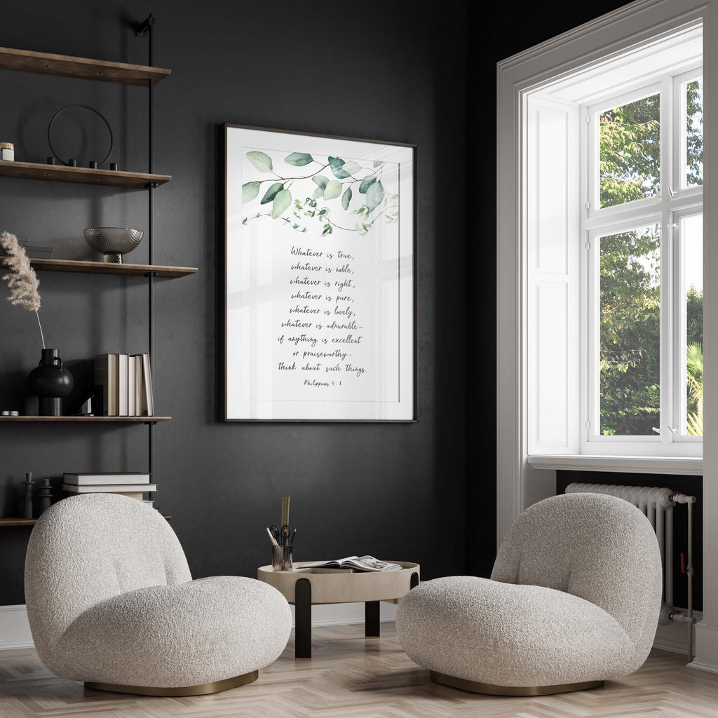Eucalyptus leaf wall art for bedroom, Botanical Bible verse print for serene spaces, Whatever is true Christian wall decor