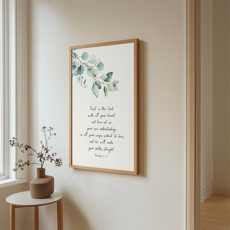 Trust in the Lord Christian wall art with typography and botanical illustration in green tones