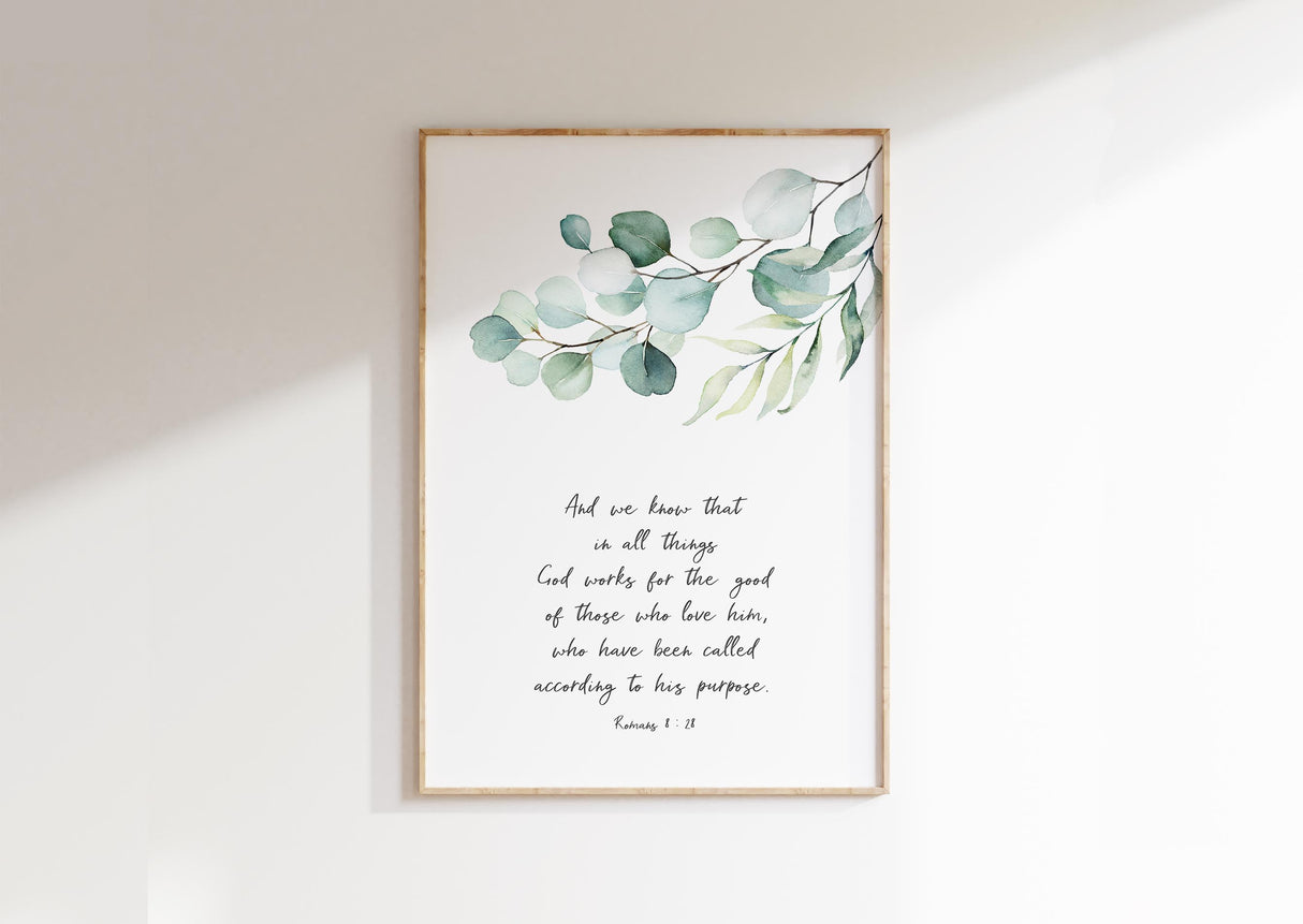 Christian wall art with Romans 8:28 quote, Nature-inspired Romans 8:28 Christian decor, Inspirational botanical scripture wall print