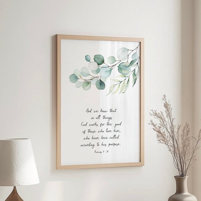 Botanical Christian Romans 8:28 wall art print with faith inspired scripture and natural greenery accents.