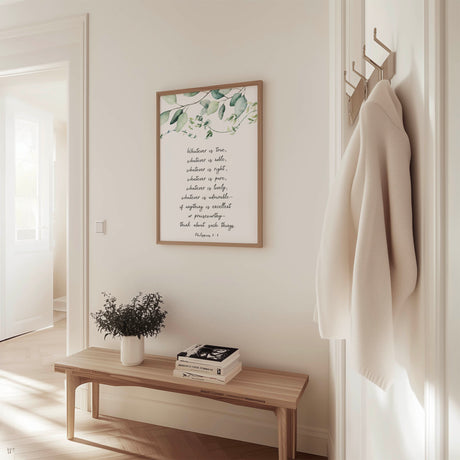 Philippians 4 8 wall art with eucalyptus leaves, Christian bedroom scripture print.
