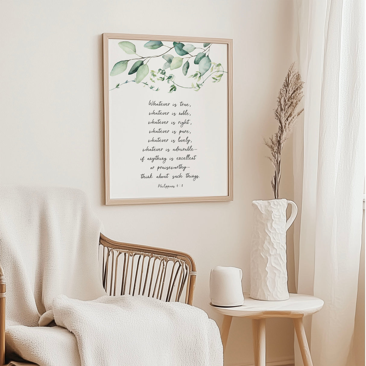 Inspirational Christian decor, Philippians 4 8 Bible verse with eucalyptus leaf design. Philippians 4 8 scripture print with green eucalyptus leaves, faith-filled home decor.
