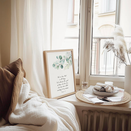 Christian botanical wall print featuring Romans 8:28 to encourage faith and hope. Scripture art print with botanical design and Romans 8:28 text for home or prayer room.