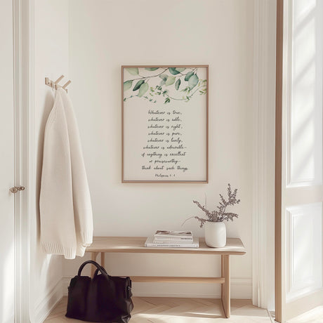 Tranquil bedroom wall art, Philippians 4 8 Christian verse print with botanical theme. Eucalyptus leaf Christian wall print, Philippians 4 8 Bible verse for peaceful living space.